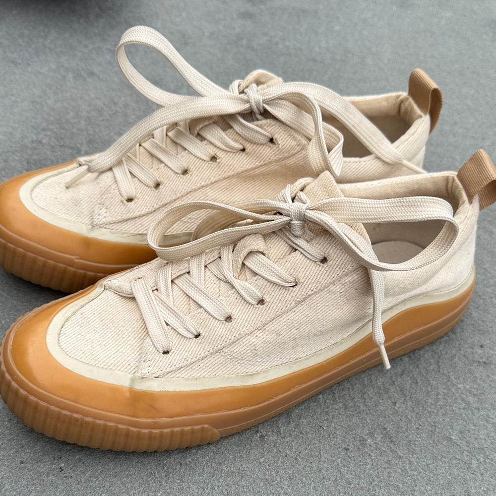 Zara Women's Cream Canvas Sneakers with Brown Trim